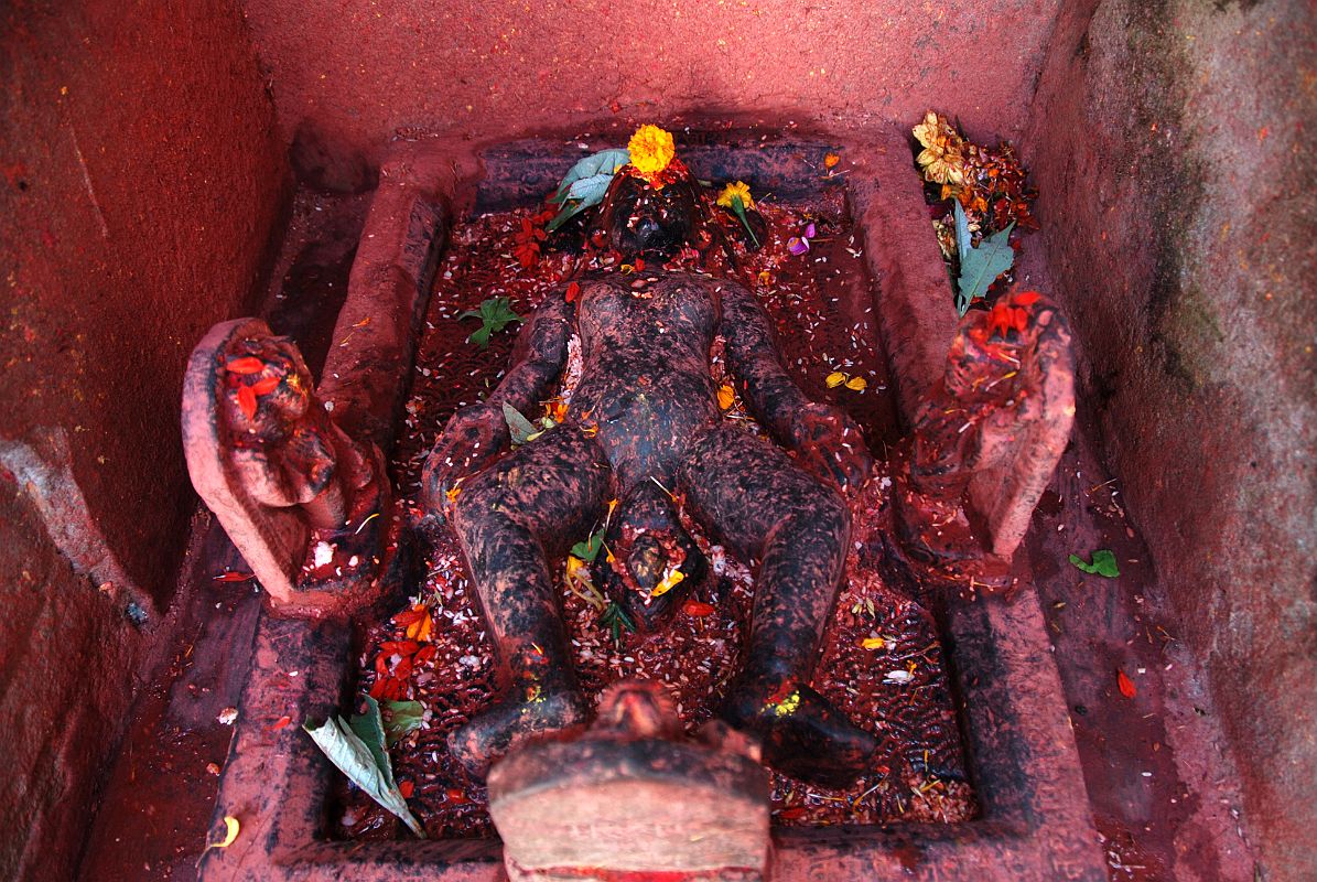 Kathmandu Valley 2 Kirtipur 07 Bagh Bhairav Temple Kirtimata, Mother of Kirtipur, Giving Birth An interesting 4C sculpture of Kirtimata, mother of Kirtipur depicted on her back giving birth to a still unidentified creature, is to the right of the Bagh Bhairava Temple in Kirtipur near Kathmandu.